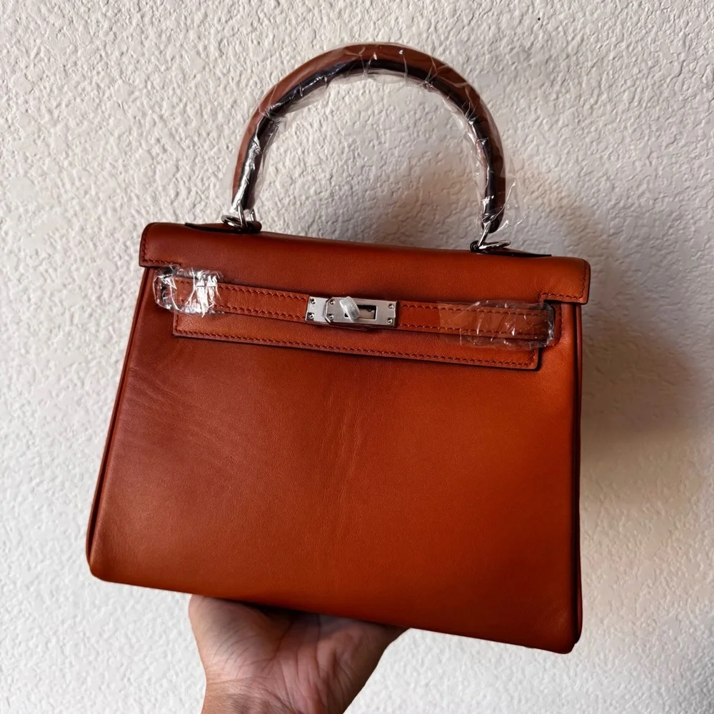 LEATHER INSIDE & OUT | Tan Orange 25 KL Belted Satchel Bag Dual Wide Strap B4 - Picture 12 of 13